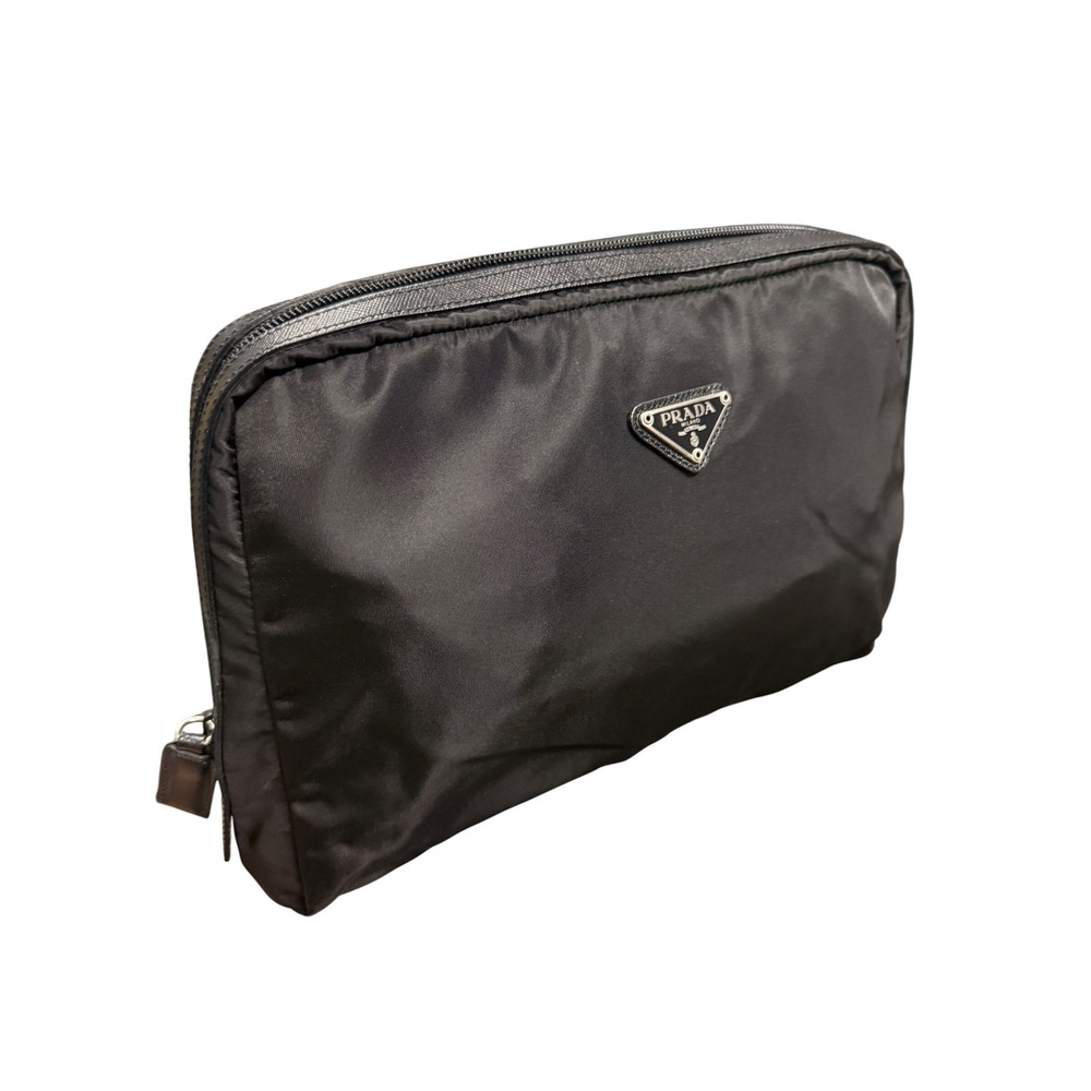Prada Black Vela Nylon Triangle Logo Travel Pouch Cosmetic Clutch NWOT